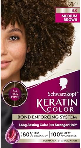Schwarzkopf Keratin Color Permanent Hair Color, 5.0 Medium Brown, 1 Application - Salon Inspired Permanent Hair Dye, for up to 80% Less Breakage vs Untreated Hair and up to 100% Gray Coverage