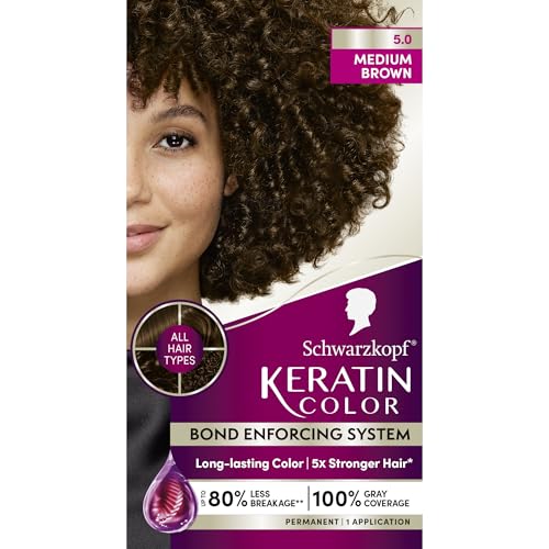 Schwarzkopf Keratin Permanent Hair Dye Cream, 5.0 Medium Brown, Professional Quality Color for Up to 100% Gray Coverage, Bond Enforcing System