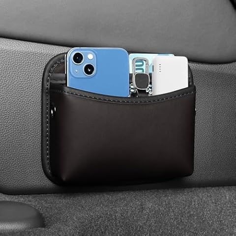 Car Seat Side Pocket Organizer - PU Leather Auto Door Console Mini Storage Bag for Keys, Phone, Sunglasses, Registration, and Documents (Dark Brown) Cover