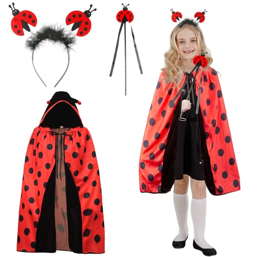 Tutukyle Costume da Coccinella per Bambini, 3 Pezzi Costume da Coccinella per Bambine, Mantello da Coccinella per Bambini con Fascia da Coccinella Bacchetta Magica, Costume di Carnevale per Bambini