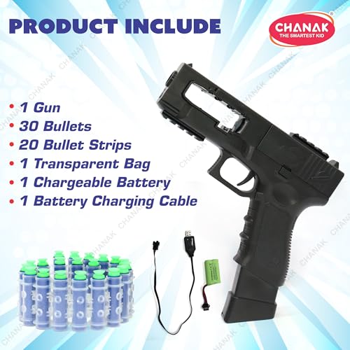 Image of Chanak Automatic 30 Rapid Fire Black Commando Dart Gun, Include 30 Soft Suction Foam Bullets with 20 Bullet Strips, Rechargeable Gun for Kids, with Carrying Briefcase Boys & Girls Above 3 Years.