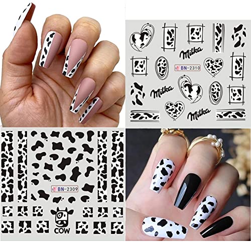 12 Sheets Cute Cartoon Nail Stickers,Cute Milk Nail Art Water Decals Transfer Foil Slider For Nails Accessory Milk Cow Animal Butterfly Leopard Heart Design Manicure Tips Diy Nail Art Decorations #TOP2