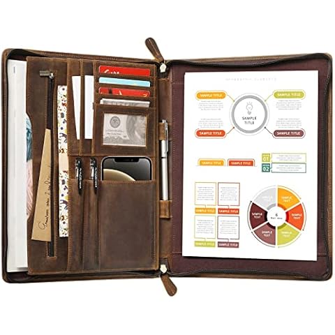 Ringsun Genuine Leather Portfolio for Men Women, Leather Padfolio with Zipper Business Resume Portfolio for A4/Pad/Phone, Leather Portfolio Folder Organizer with Writing Pad, Brown, RS63 Cover