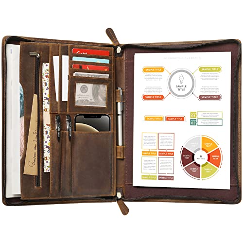 RingSun Portfolio-Mappe aus echtem Leder für A4/Pad/Telefon, mit Reißverschluss, Business-Dokumenten-Planer Damen/Herren, Leder-Ordner, Organizer Tablet-Hülle und Handschrift-Block, RS63, braun Cover