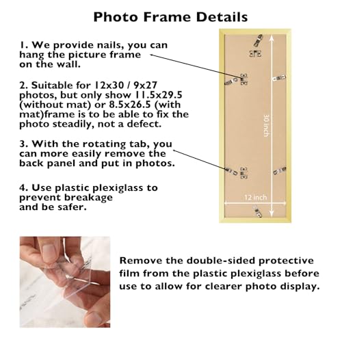 Image of JCJMY 12x30 Picture Frame with 9x27 Mat, Display Photo 9x27 with Mat or 12 x 30 Without Mat, Wall Hanging Large 12 by 30 Poster Frame with Plexiglass, Gold