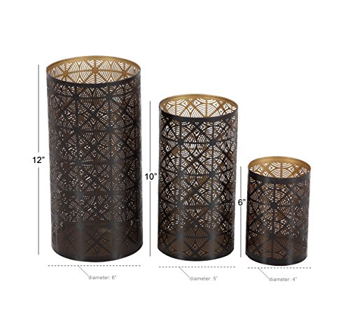 Image of Deco 79 Metal Geometric Indoor Outdoor Candle Lantern Decorative Lantern Candle Holder, Set of 3 Lantern 12 inch, 10 inch, 6 inchH, Dark Brown