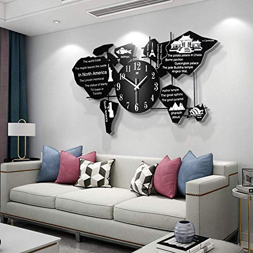 Horloge murale carte du monde en métal et bois MDF design géant pour maison