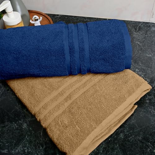 Image of Divine Casa 100% Cotton Bath Towel Set of 2, 550 GSM Ultra Soft Highly Absorbent Thick Towels, Large 75 x 150 cm, Blue & Beige Combo