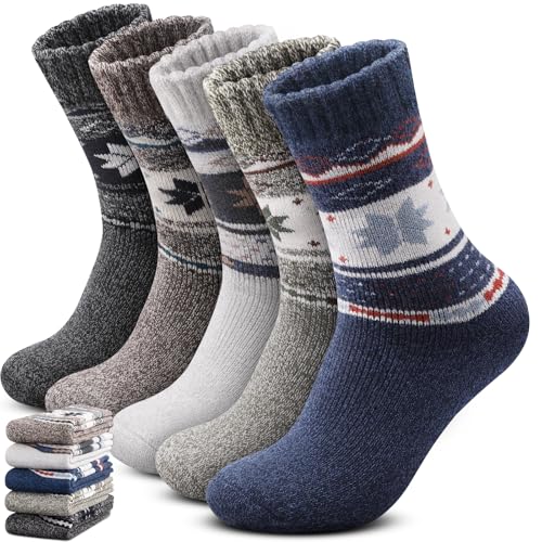 Yeblues 5 Pairs Winter Warm Thick Wool Socks for Men, Thermal Wool Hiking Socks, Breathable Cozy for Men Cold Weather