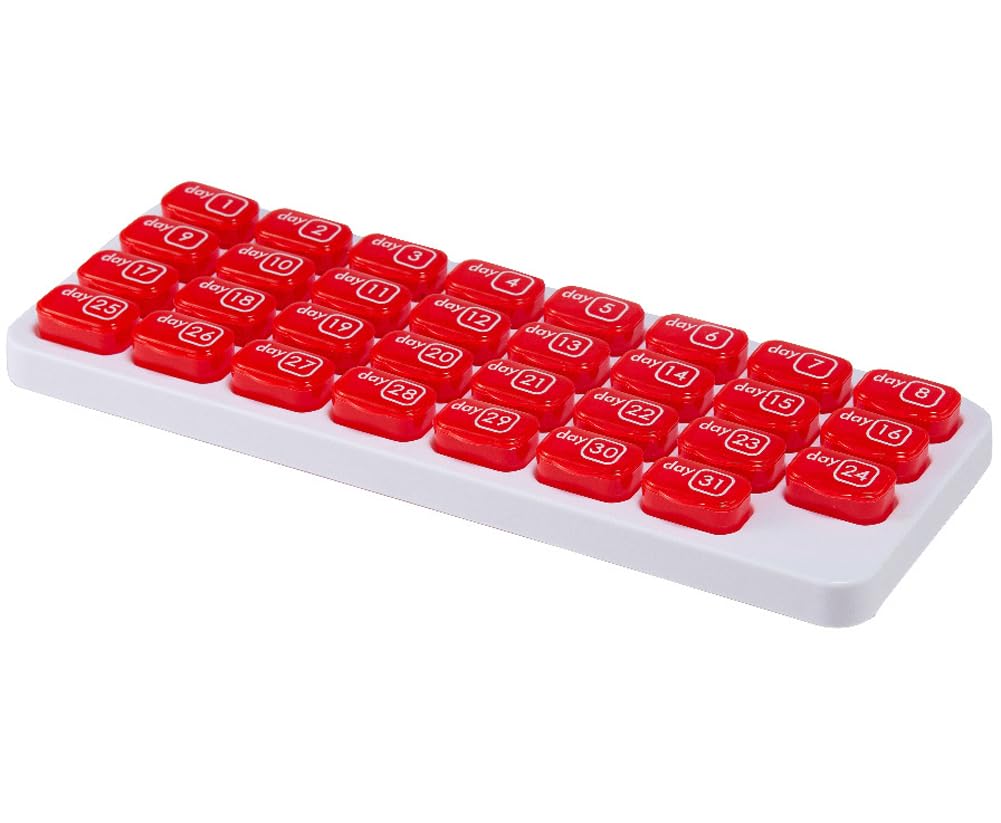 Pilulier 31 jours, grande capacité mensuel amovible pour médicaments, 1 jour et 1 fois, support de supplément d'huile de poisson et de vitamines, rappel de date (rouge, 4)