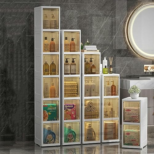 Gabinete de almacenamiento delgado sobre el inodoro – 6 niveles independiente para espacios pequeños – Unidad estrecha gris y blanca para soluciones eficientes de almacenamiento en esquinas y pisos.