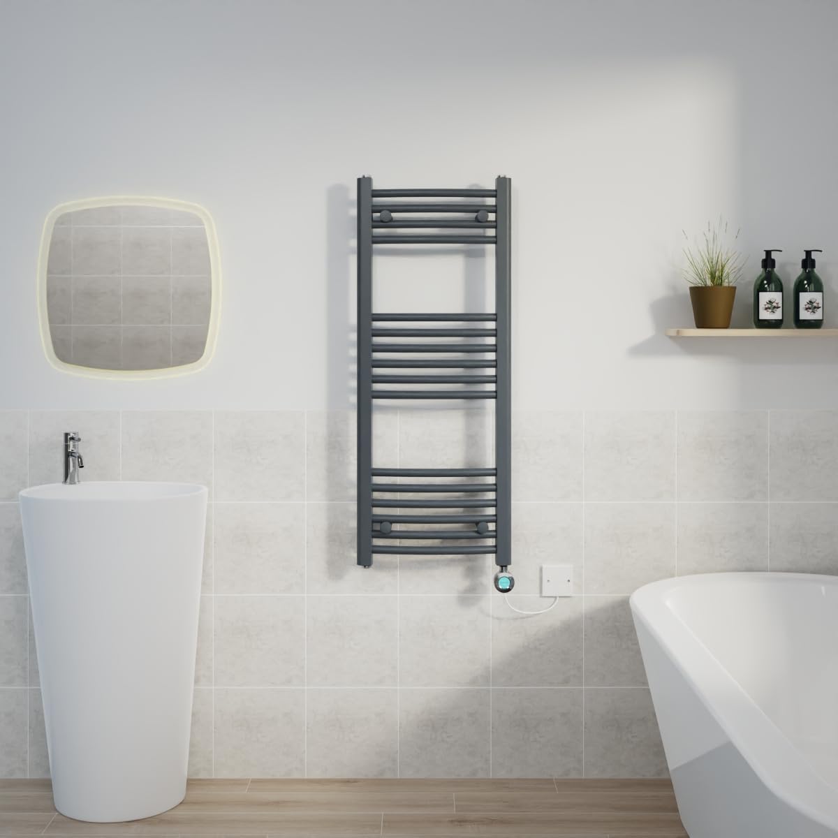 Warmehaus Prefilled 1000x400mm Curved Electric Heated Towel Rail with Timer Thermostatic Bathroom Radiator Anthracite - 400W(Chrome Heating Element)
