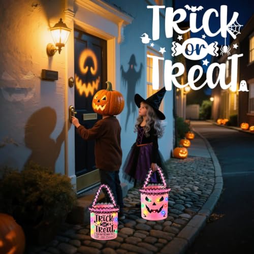Halloween Trick or Treat Bags Candy Bucket, Upgraded Light Up Ghost Basket Decoration Multipurpose Reusable Goody Sweet Buckets for Scary Night Party Supplies Favors Festival Decor Gifts Pink 1 Pack - image 6