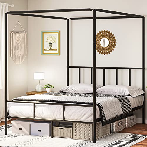 DICTAC Black Canopy Bed Frame Queen 4 Post Bed with Headboard Metal Platform Canopy Bed Frame with Heavy Duty Steel Slats Mattress Foundation Noise Free No Box Spring Needed Easy Assembly