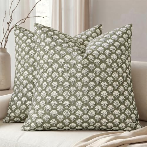 MIULEE Set of 2 Decorative Floral Pillow Covers Neutral Vintage Throw Pillows Block Print Boho Farmhouse Cushion Covers for Modern Spring Home Decor Couch Sofa Bed Living Room 18x18 Inch Sage Green