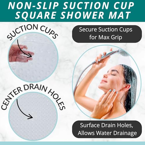 Image of ENKOSI Square Shower Mat - 21 x 21 Inch Non-Slip Bathroom Shower Stall Mat with Suction Cups and Drain Holes - Anti-Slip Shower Mats for Inside Shower - Square Bathmat (21x21 Clear)
