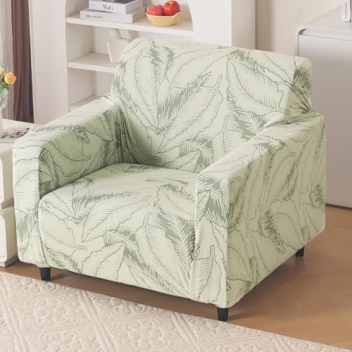Image of HOKIPO Leaf & Loom Stretch Sofa Cover 1 Seater, Creamish Pale Green