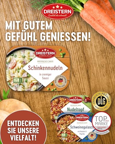 DREISTERN Schinkennudeln 280g I Mit Gemüse in Sauce I Herzhaftes Fertiggericht in Mikrowellenschale I Lange Haltbarkeit dank natürlicher Konservierung I Hausmacher Qualität – Bild 7