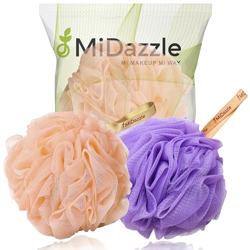 Image of Midazzle Luxury Loofah Bathing Sponge Exfoliator Scrubber for High Lather Cleansing (Small, Pack of 2, Orange & Purple)