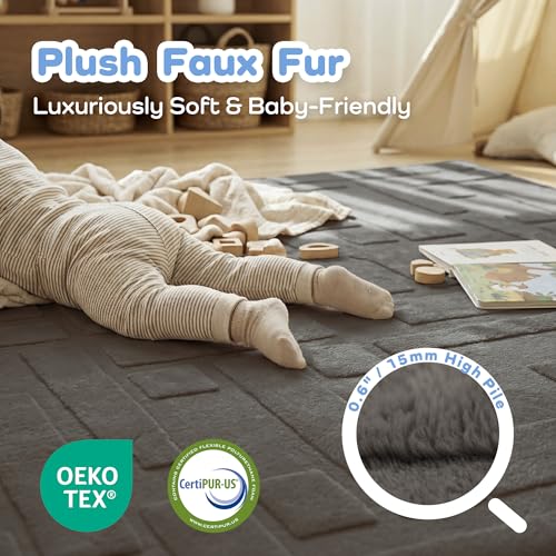 Image of 1.3 inch Thick Baby Play Mat for Floor, 79x118 Foam Play Mats Dark Grey | Padded Memory Foam High-density 1.3 inch Cushioning Floor, Non-Slip Easy Care Tummy Time Crawling Playroom Living Room Nursery