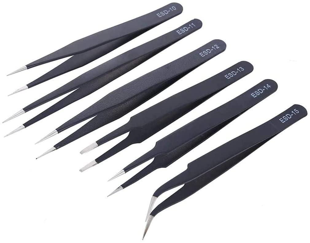Stainless Steel Antistatic ESD Tool Set High Precision Tip Curved Straight Tweezer Stainless Multifunction Nipper Repair for Electronics, Craft, Jewellery, Laboratory Work etc (Black, Pack of 6)
