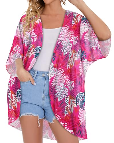 Image of Women's Floral Print Puff Sleeve Kimono Cardigan Loose Cover Up Casual Blouse Tops 2026