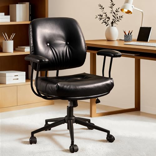 Image of ovios Ergonomic Office Chair, Mid Back Faux Leather Executive Chairs with Thick Cushion, Comfy Mid-Century Modern Swivel Rolling Computer Armchair (Black, PU Leather)