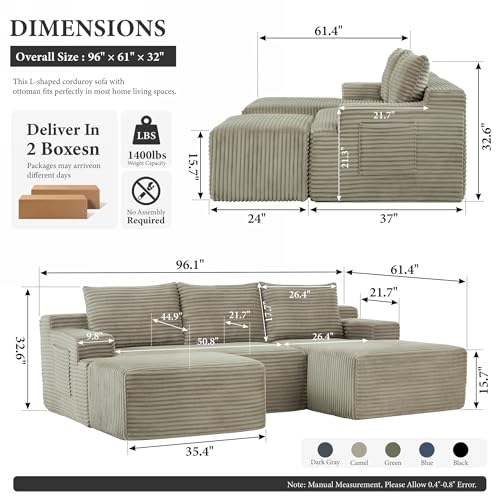 Image of 96 inch Sectional Couches for Living Room Cloud Couch Sofa with L-Shape Upholstered Boneless Couchs Modern Modular Sectional Couch with Chaise