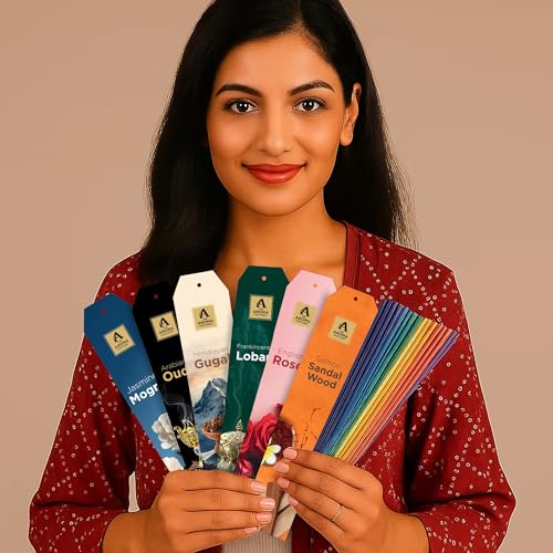 Image of The Aroma Factory Premium Incense Sticks for Pooja | Set of 6 Fragrances Gift Pack (Oud, Mogra, Loban, Sandalwood, Rose, Gugal) 120 Agarbatti (6 x 20 Sticks Each)