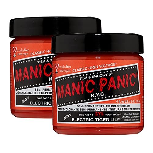 Manic Panic Electric Tiger Lily Hair Dye – Classic High Voltage - (2PK) Semi-Permanent Hair Color - Glows in Blacklight - Bright, Orange, Vegan, PPD, Ammonia-Free - For Coloring Hair on Women & Men