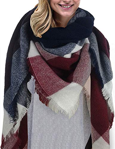 Preisvergleich Produktbild Tuopuda® Damen Schal Kariert übergroßer Quadratisch Deckenschal Herbstschal Winterschal Karo Tartan Streifen Plaid Muster Oversized Fransen Poncho (Marine)