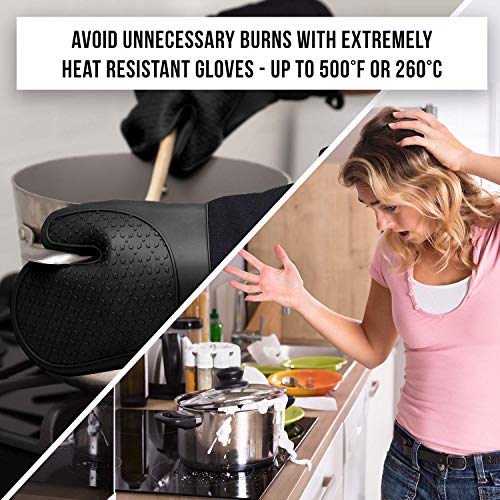 Oven Mitts Heat Resistant 500 Degrees - 2 Extra Long Silicone Oven Mitt Pot Holders - Food Safe Oven Gloves - BPA Free and FDA Approved - Soft Inner Lining - Black - Thumbnail 2