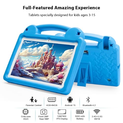 Image of Kids Tablet 10 Inch, Android 15 Tablet for Kids, A523 Octa-Core, 8GB+64GB, 1TB Expandable, WiFi 6 (2.4G+5G), EVA Case with Stand, Blue