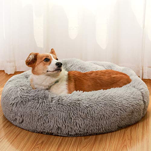 Jmhund Shag Vegan Fur Donut Comfortable Dog Bed For Medium Dogs With Removable Cushion, Large Calming Cuddler Ultra Soft Washable Pet Cat Mat, Round Fluffy Self-Warming Cushion Bed,26" Grey #TOP6
