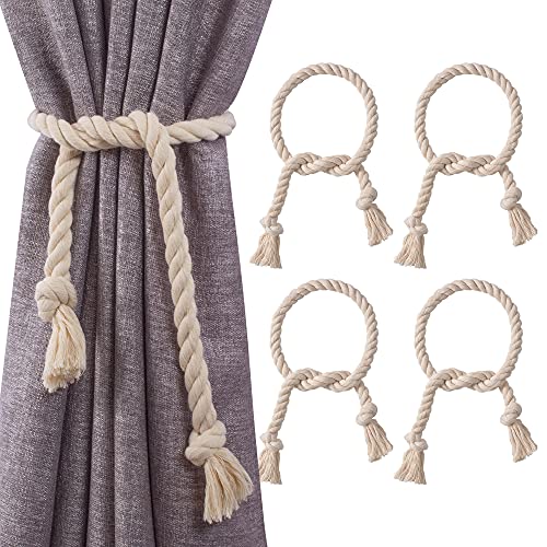 4 Pack Curtain Tiebacks Natural Cotton Rope Handmade Curtain Decorative Holdbacks Rural Style Drapery Tieback (Beige)