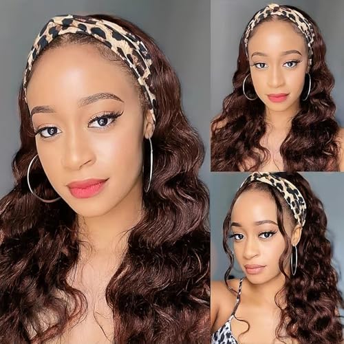 Celiarita Chocolate Brown Headband Wigs Human Hair Body Wave 20 Inch Machine Made None Lace Front Wigs Brown Body Wave Headband Wig #4 Glueless Wear and Go Half Wigs for Black Women