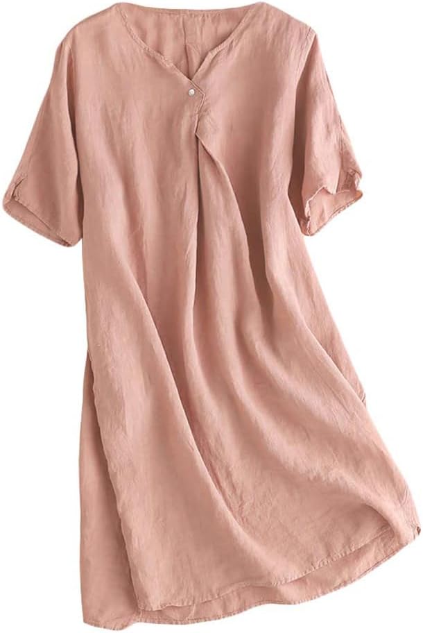 Minibee Women's Summer T Shirt Dress V Neck Linen Casual Tunic Short Sleeve Boho Flowy Sun Dresses