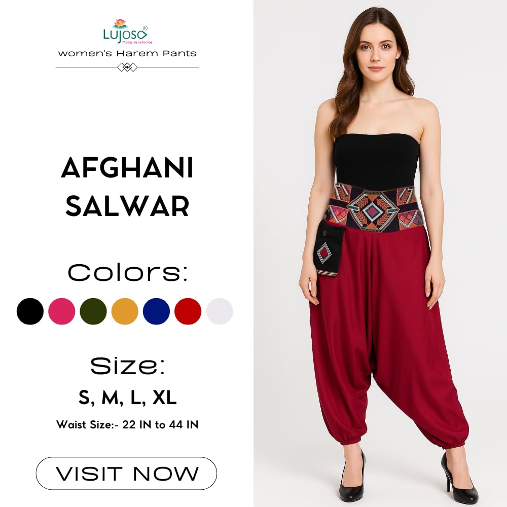 LUJOSO Women Low Rise Harem Pants | Stylish Afghani Salwar | Rayon Fabric Pants Loose Fit for Yoga & Dancing | Waist Size 22 to 42 Inches, Free Size (in, Alpha, M, Regular, Maroon) 1