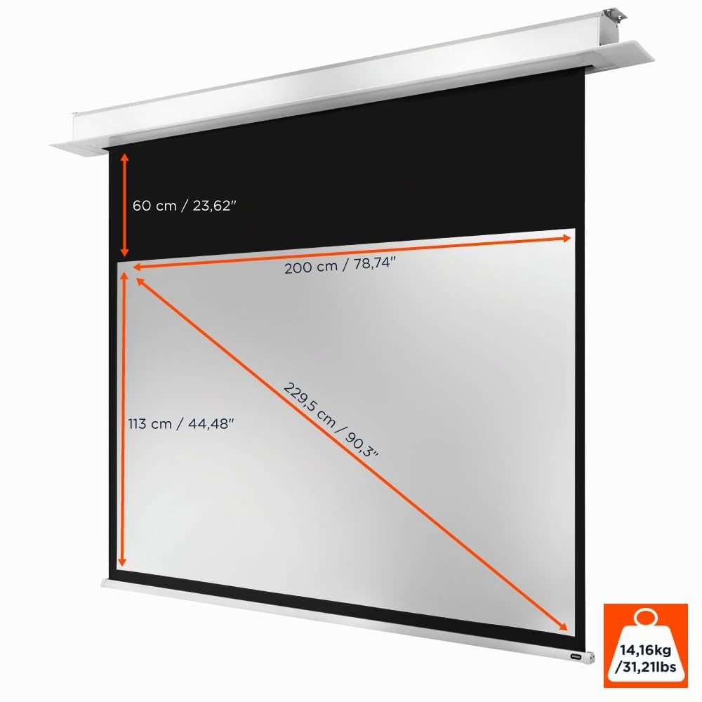celexon Professional Plus écran motorisé encastrable 90" | 200x113cm 16:9 | Écran électrique encastrable 4K Full HD avec interrupteur mural, conçu pour intégration au plafond