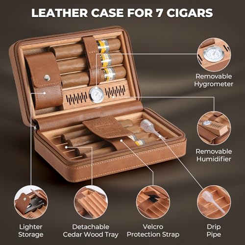 Portable Travel Cigar Humidor Case, Leather Cedar Wood Cigar Case with Cigar V Cutter & Lighter, Built in Hygrometer & Humidifier, Velvet Storage Bag Included - Image 3