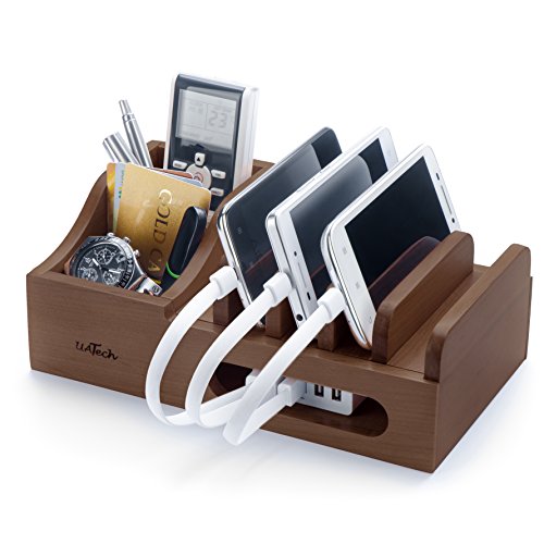 Wood Multi Device Organizer for Using with Multiple USB Charging Station Like Anker, RAVPower, Poweradd USB Chargers for Smartphones and Tablets from UATech (Dark)