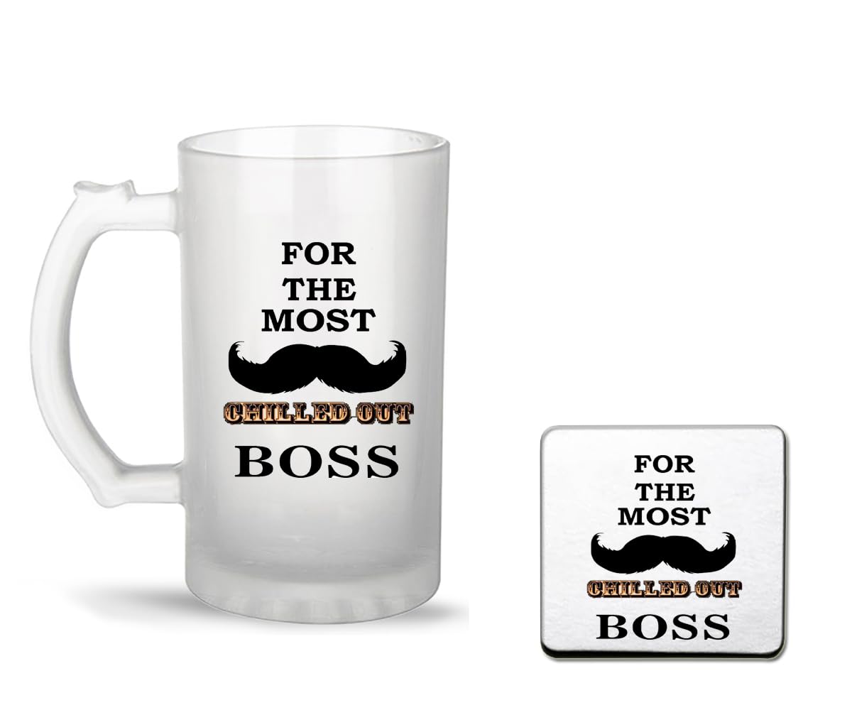Charming Creations Glass Frosted Beer for The Most Chilled Out Boss Quote Printed Unique Frosted Beer Mug with Tea Coaster (Combo Pack,470 ml)