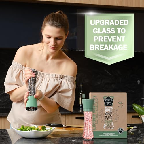 Image of Home EC Premium Green Sea Salt and Pepper Grinder Set of 2 - Adjustable Ceramic - Tall Glass Salt and Pepper Shakers - Kitchen Pepper Mill & Salt Mill W /Funnel & EBook