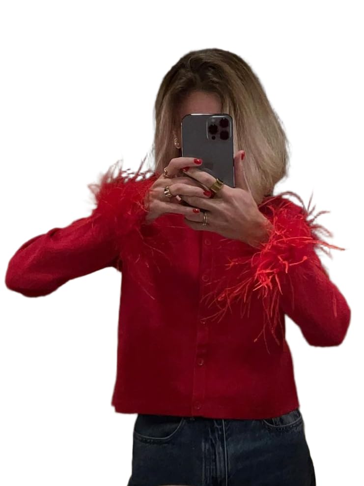 Women Feather Trim Fall Winter Knit Cardigan Y2k Button Down Long Sleeve Cropped Fur Jacket Holiday Rave Sweater