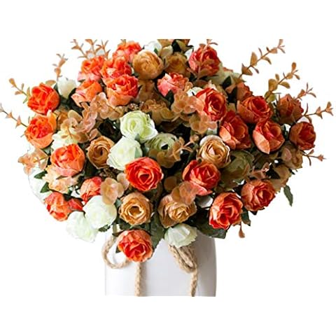 LumenTY 2Pack Artificial Silk Fake Flowers Roses Bouquets Gifts Wedding Party Kitchen Home Decor - Each with 7 Branch 21 Heads Fake Flowers Vintage Leaf Plants -Champagne Cover