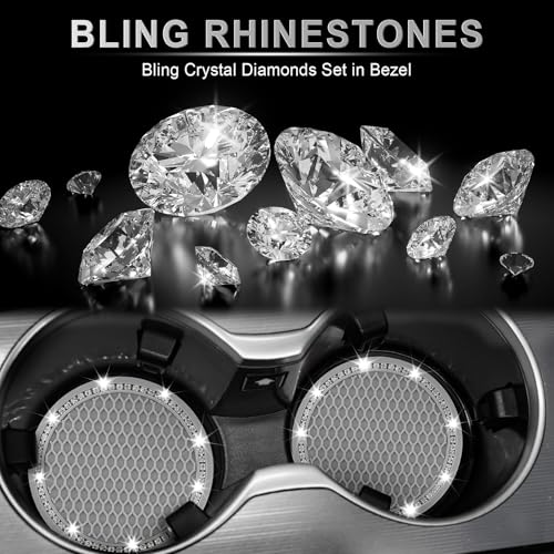 Image of JUSTTOP 2 Pack Universal Auto Anti Slip Cup Holder Insert Coaster, Car Cup Holder Coaster, Bling Crystal Rhinestone Car Interior Accessories-Grey