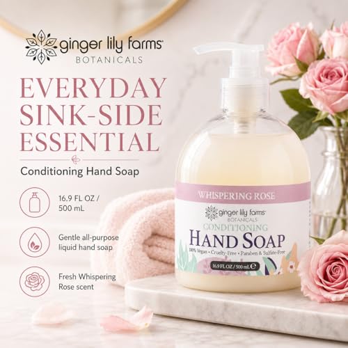 Image of Ginger Lily Farms Botanicals Conditioning Liquid Hand Soap Refill, 100% Vegan & Cruelty-Free, Whispering Rose Scent, 16.9 Fl Oz (Pack of 6)
