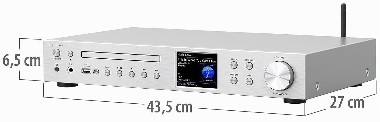 VR-Radio Tuner radio Internet : récepteur radio Internet Wi-Fi, DAB+/FM, CD, Bluetooth, 200 W, argent (récepteur stéréo DAB+, tuner Hi-Fi DAB+)