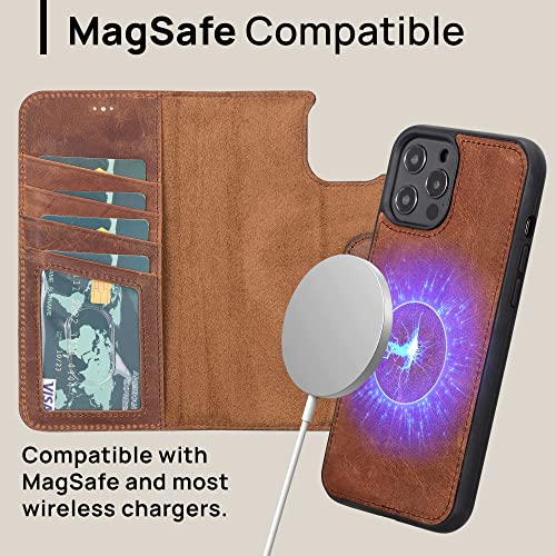 Oxa Leather Iphone 12 Pro Max Case Wallet, Leather Case With Card Slot, Rfid Blocking, Full Grain Folio Flip Cover, Kickstand, Detachable Leather Wallet Case Compatible With Magsafe Brown #TOP2
