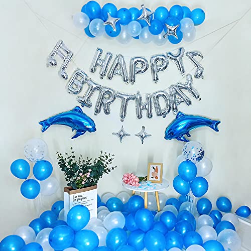iPartycool HB5S-A 64pcs Ocean Birthday Party Balloons Kit, Happy Birthday Balloons Banner with Dolphin Balloons Confetti Balloons Music Note Foil Balloons for Kids and Adults White and Blue Latex Balloons Marine Party Background Decorations Party Sup